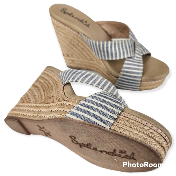 Splendid Kalypso denim chambray and white stripe wedge sandals size 8.5 - Picture 3 of 15